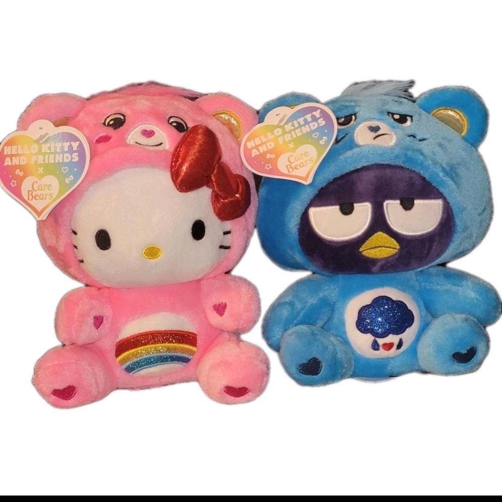 Set Of 2 Hello Kitty & Badtz-Maru Dressed As Cheer & Grumpy Care Bear 8in New